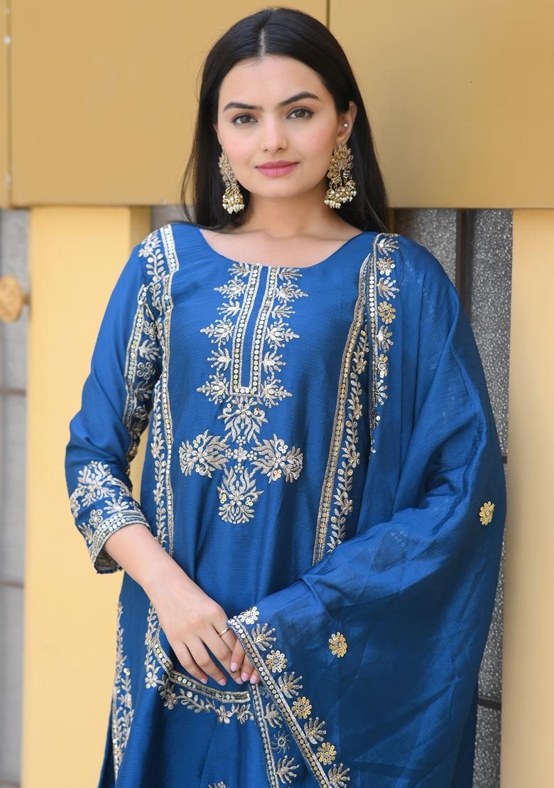 Blue Sequin Thread Embroidered Chinon Kurta Set