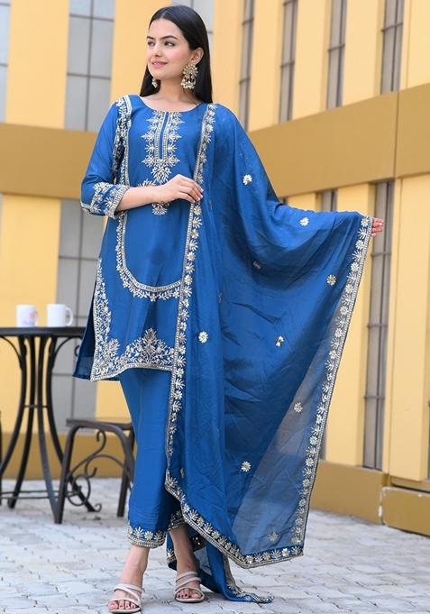 Blue Sequin Thread Embroidered Chinon Kurta Set