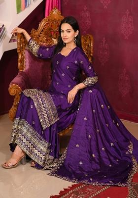 Purple Sequin Thread Embroidered Chinon Sharara Set