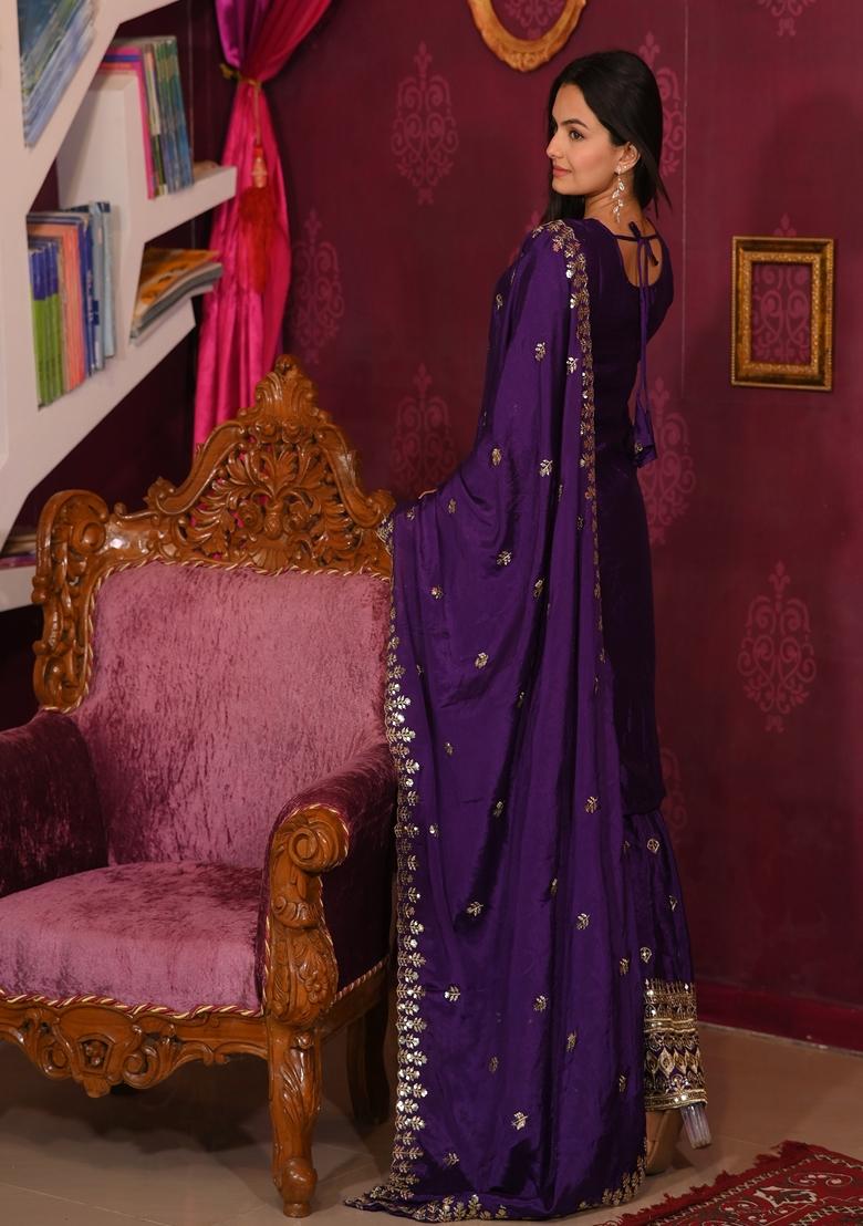 Purple Sequin Thread Embroidered Chinon Sharara Set