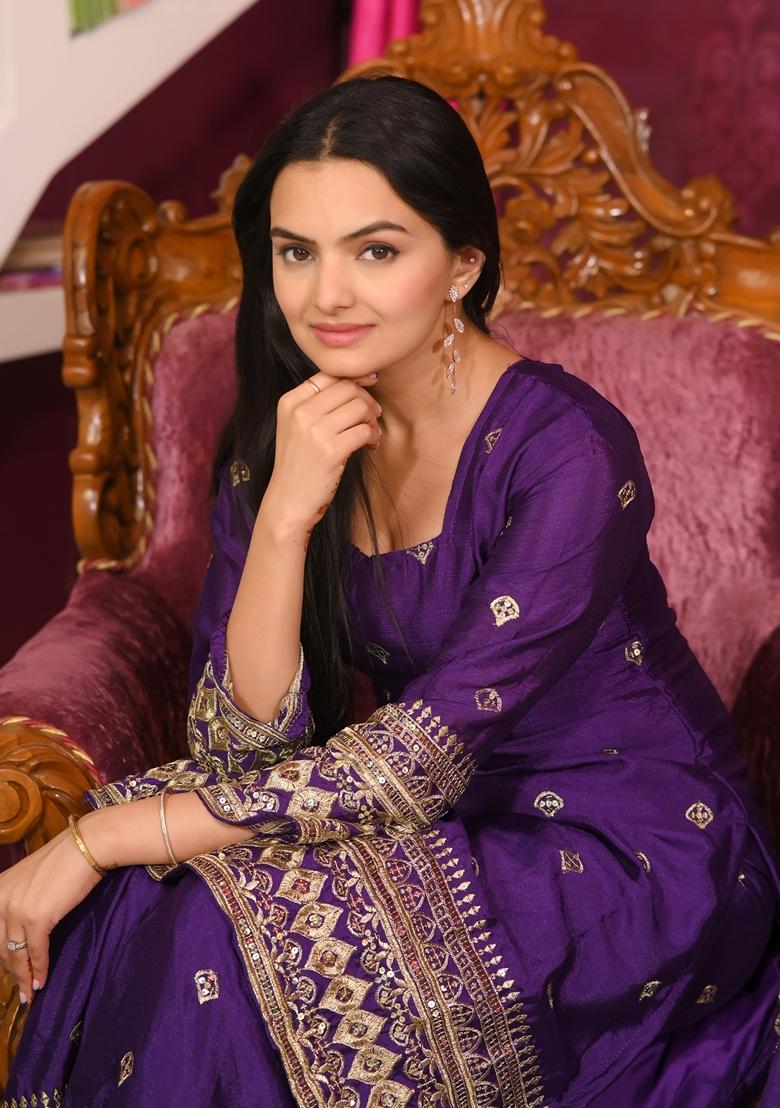 Purple Sequin Thread Embroidered Chinon Sharara Set