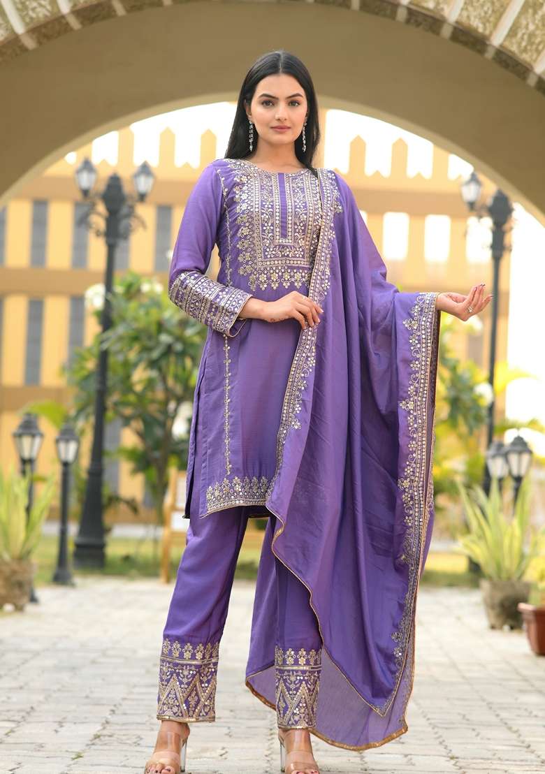 Lavender Embroidered Chinon Straight Kurta Set - Indya