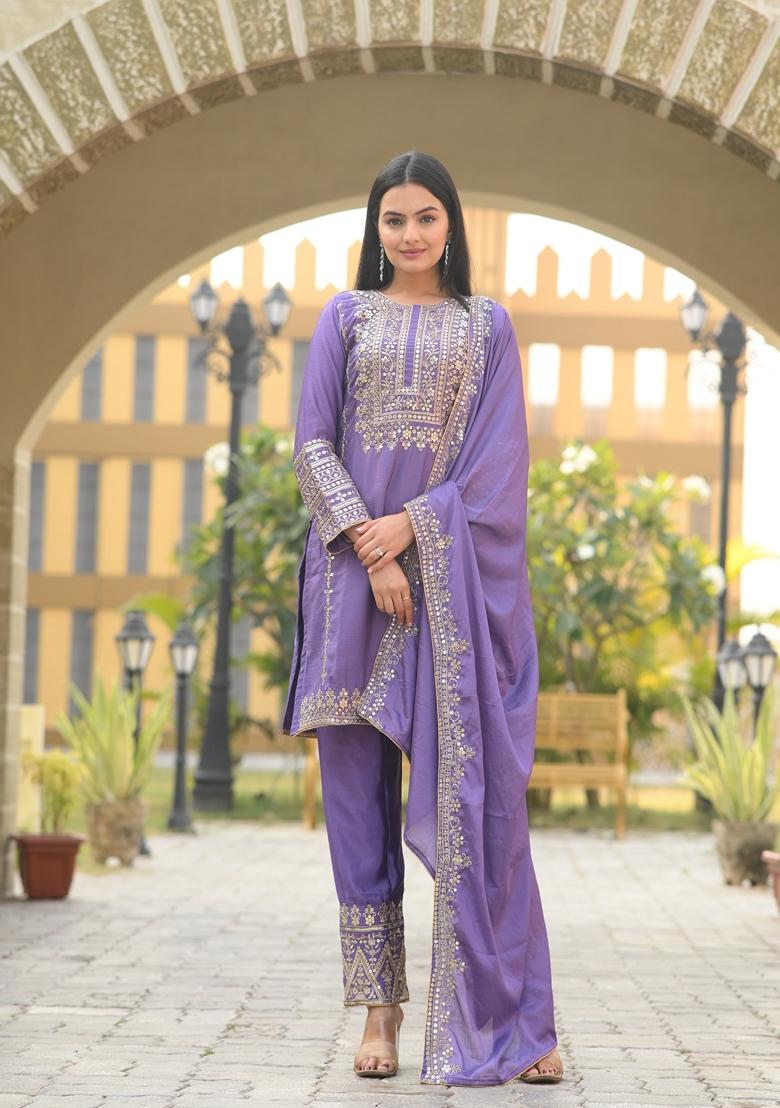 Lavender Sequin Thread Embroidered Chinon Kurta Set