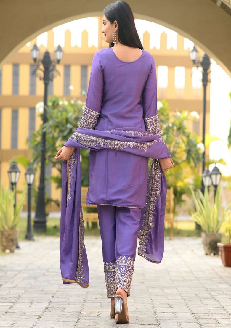 Lavender Embroidered Chinon Straight Kurta Set - Indya