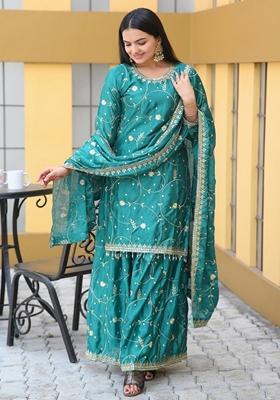 Green Sequin Thread Embroidered Chinon Sharara Set