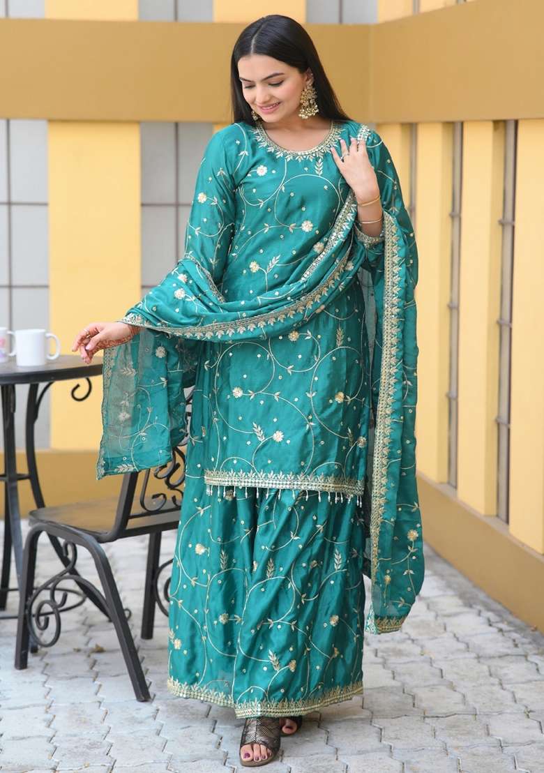 Green Embroidered Chinon Sharara Set - Indya