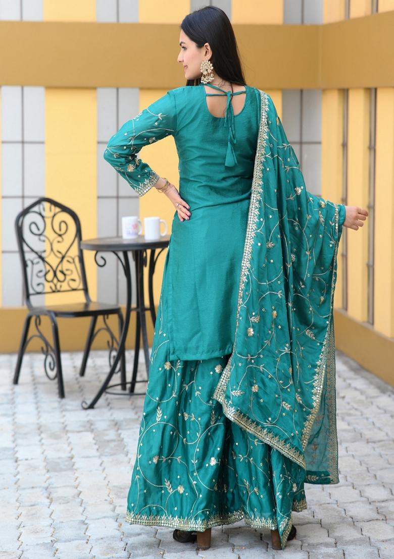 Green Sequin Thread Embroidered Chinon Sharara Set