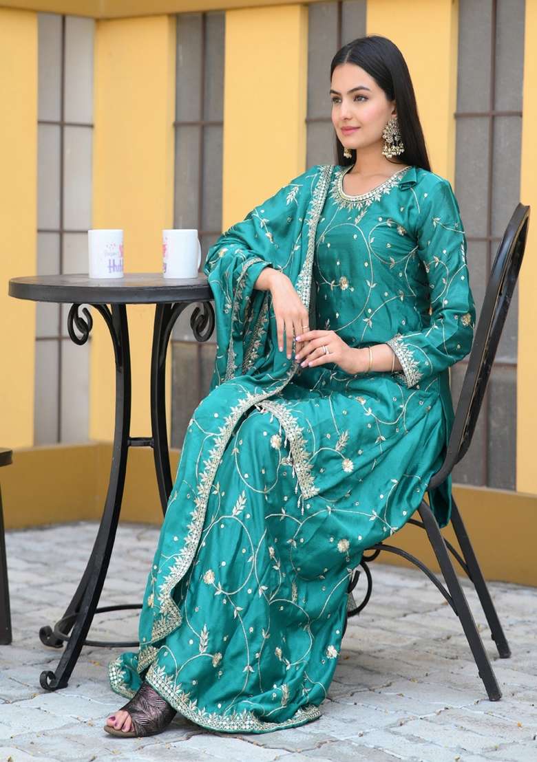 Green Embroidered Chinon Sharara Set - Indya