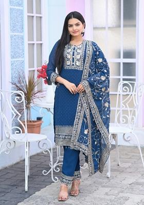 Blue Sequin Thread Embroidered Faux Georgette Kurta Set
