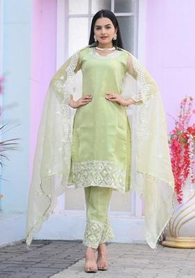 Pista Green Sequin Thread Embroidered Organza Kurta Set