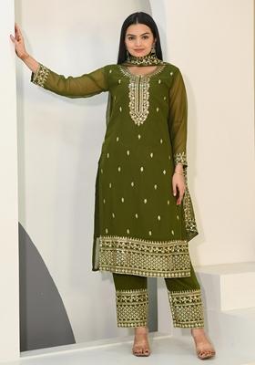 Mehendi Green Sequin Thread Embroidered Faux Georgette Kurta Set