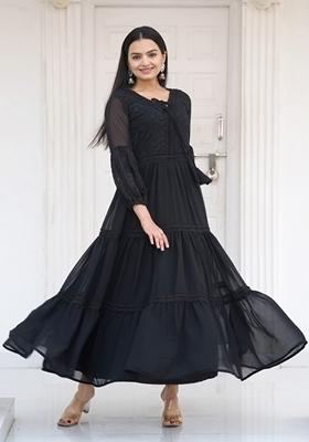 Black Sequin Embroidered Faux Georgette Anarkali Kurta With Dupatta