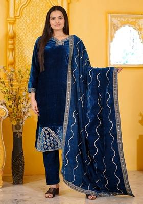 Blue Sequin Thread Embroidered Velvet Kurta Set