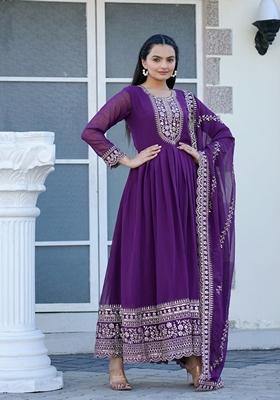 Purple Sequin Thread Embroidered Georgette Anarkali Set