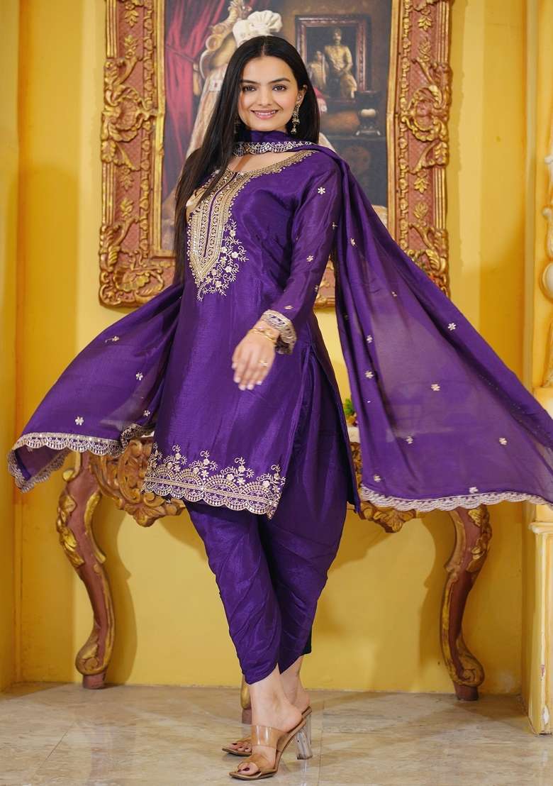 Purple Embroidered Georgette Straight Kurta Set - Indya