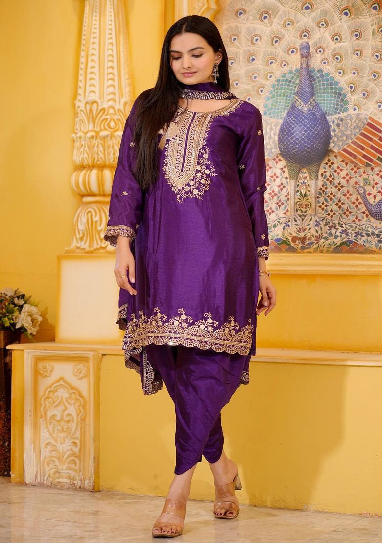 Purple Sequin Thread Embroidered Georgette Kurta Set