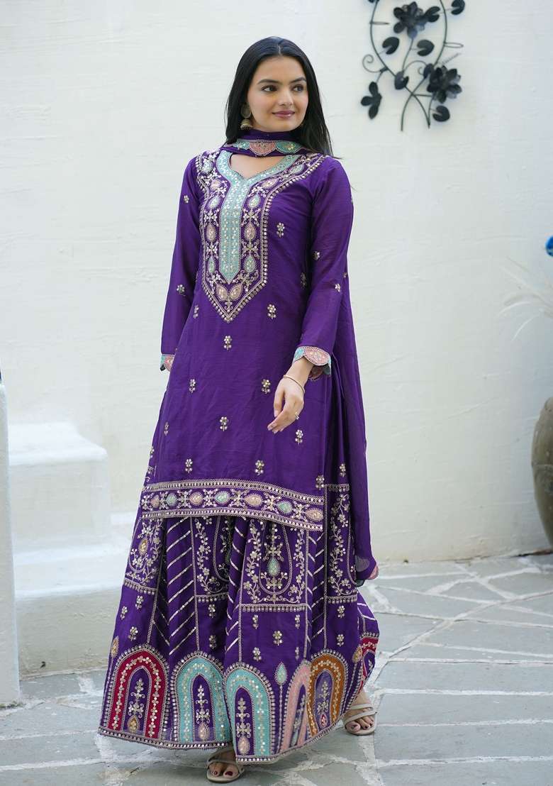 Purple Embroidered Georgette Sharara Set - Indya