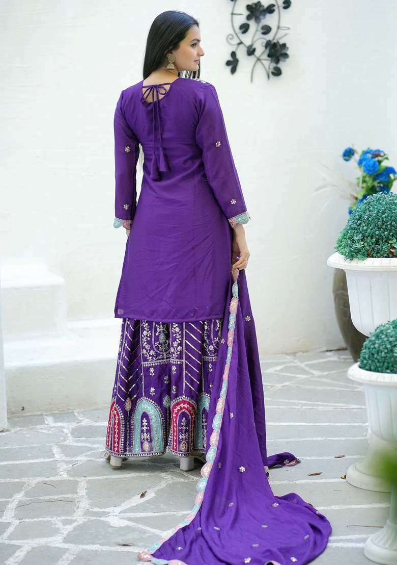 Purple Embroidered Georgette Sharara Set - Indya