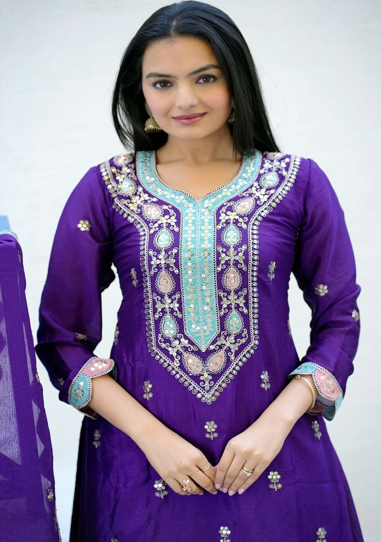 Purple Embroidered Georgette Sharara Set - Indya