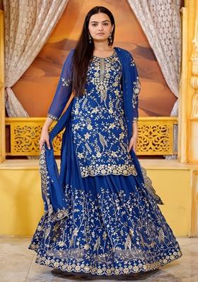 Blue Sequin Thread Embroidered Georgette Sharara Set