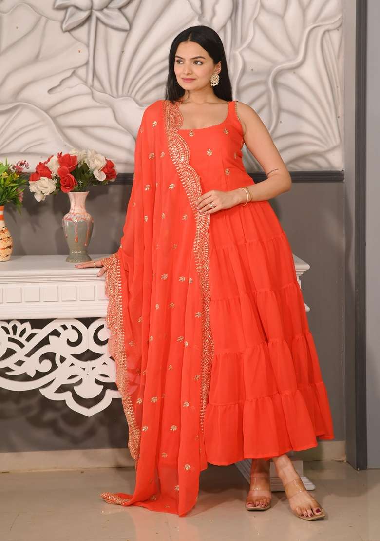 Orange Embroidered Faux Blooming Anarkali Set - Indya