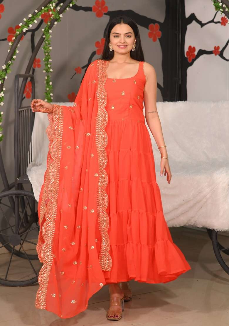 Orange Embroidered Faux Blooming Anarkali Set - Indya