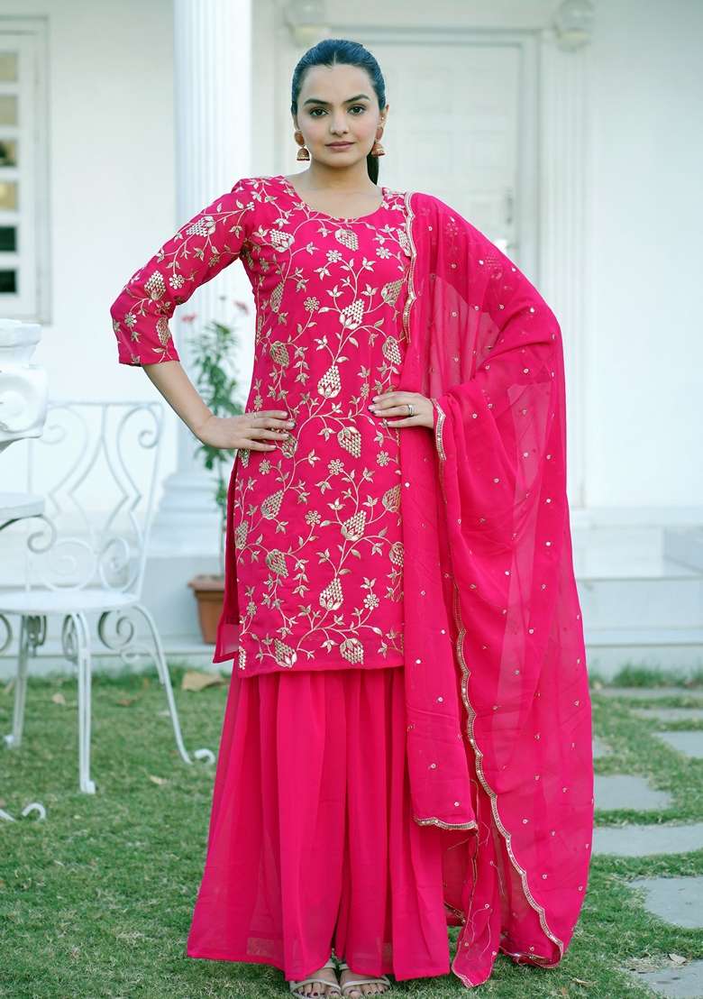 Pink Embroidered Faux Blooming Sharara Set - Indya