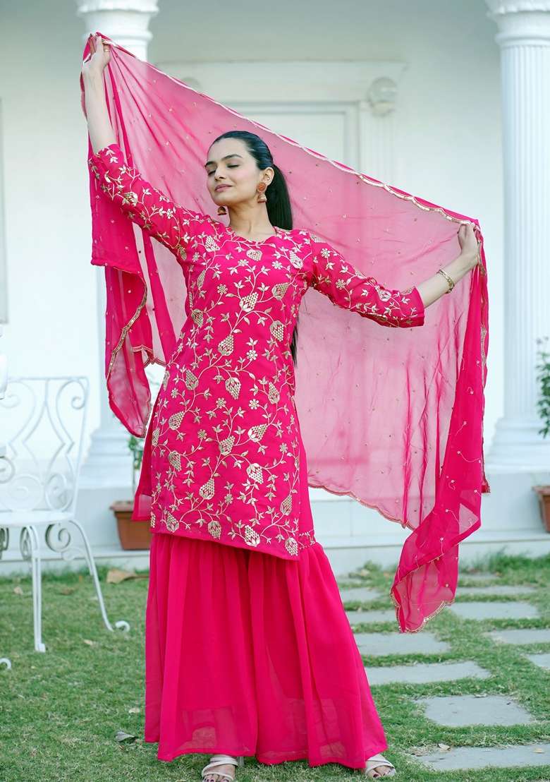 Pink Embroidered Faux Blooming Sharara Set - Indya