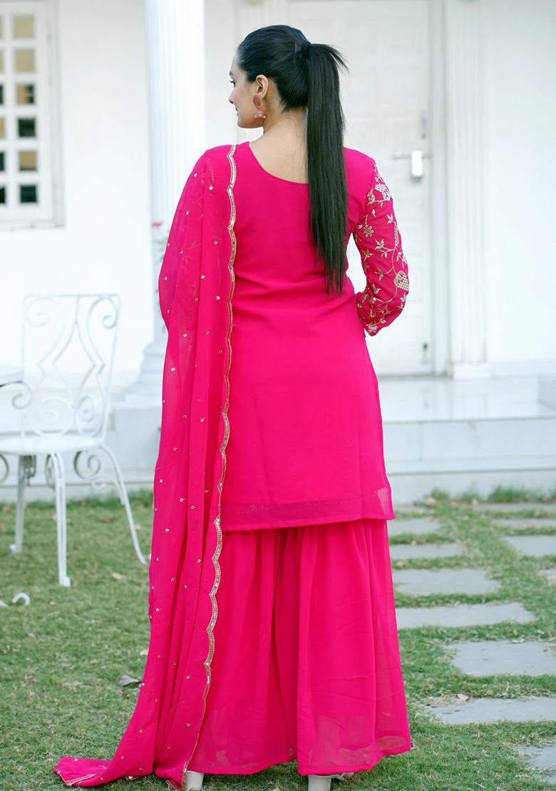 Pink Sequin Thread Embroidered Faux Georgette Sharara Set