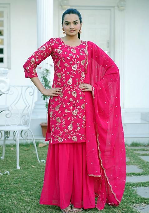 Pink Sequin Thread Embroidered Faux Georgette Sharara Set