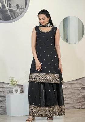 Black Sequin Thread Embroidered Faux Georgette Anarkali Set