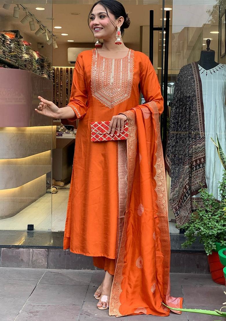Orange Thread Embroidered Chanderi Silk Kurta Set