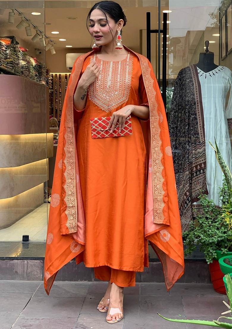 Orange Thread Embroidered Chanderi Silk Kurta Set