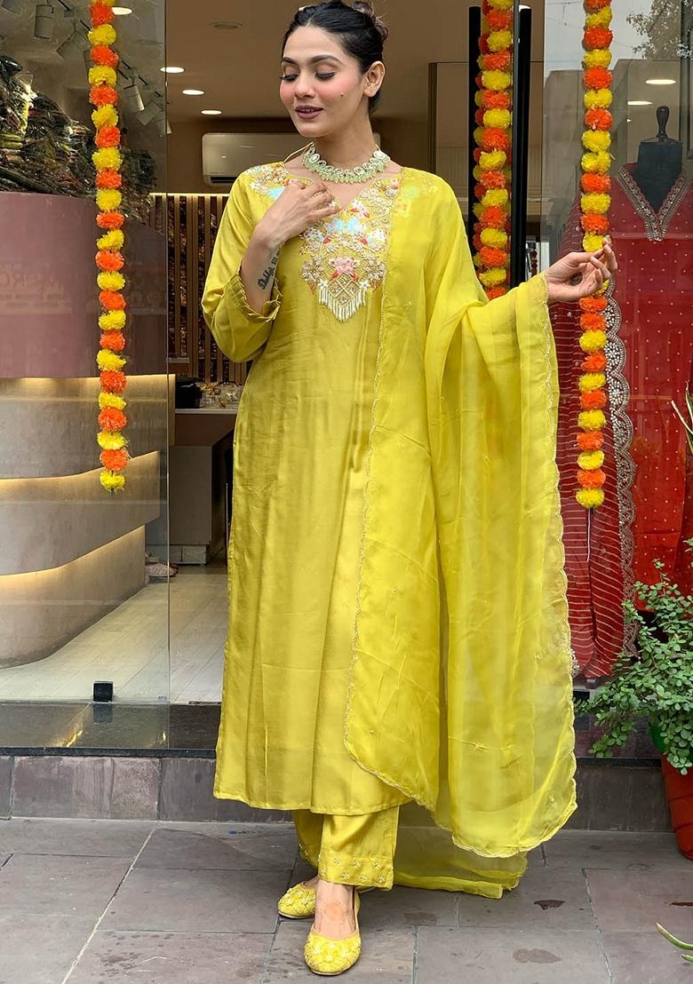 Lemon Yellow Thread Embroidered Chanderi Silk Kurta Set