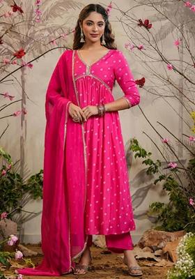 Rani Pink Thread Embroidered Kurta Set