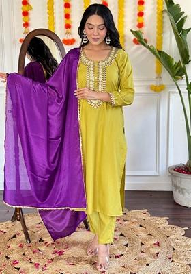 Mustard Yellow Thread Embroidered Rayon Kurta Set