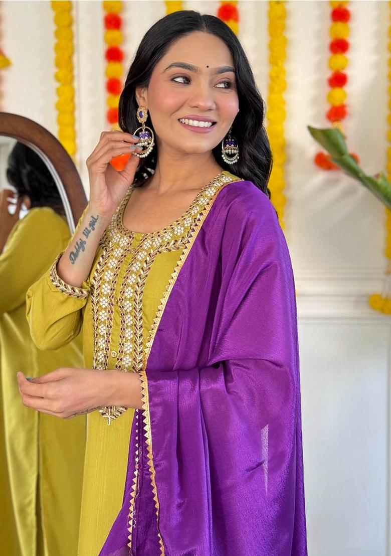 Mustard Yellow Thread Embroidered Rayon Kurta Set