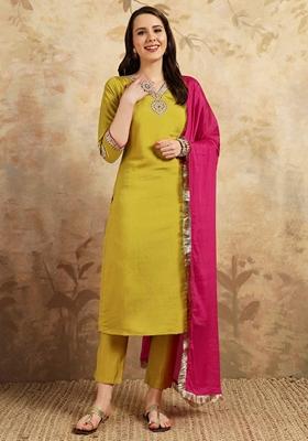Mustard Yellow Thread Embroidered Chanderi Silk Kurta Set