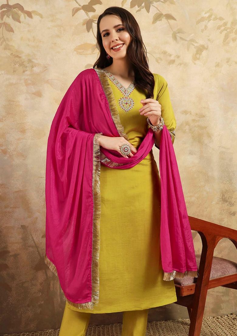 Mustard Yellow Thread Embroidered Chanderi Silk Kurta Set