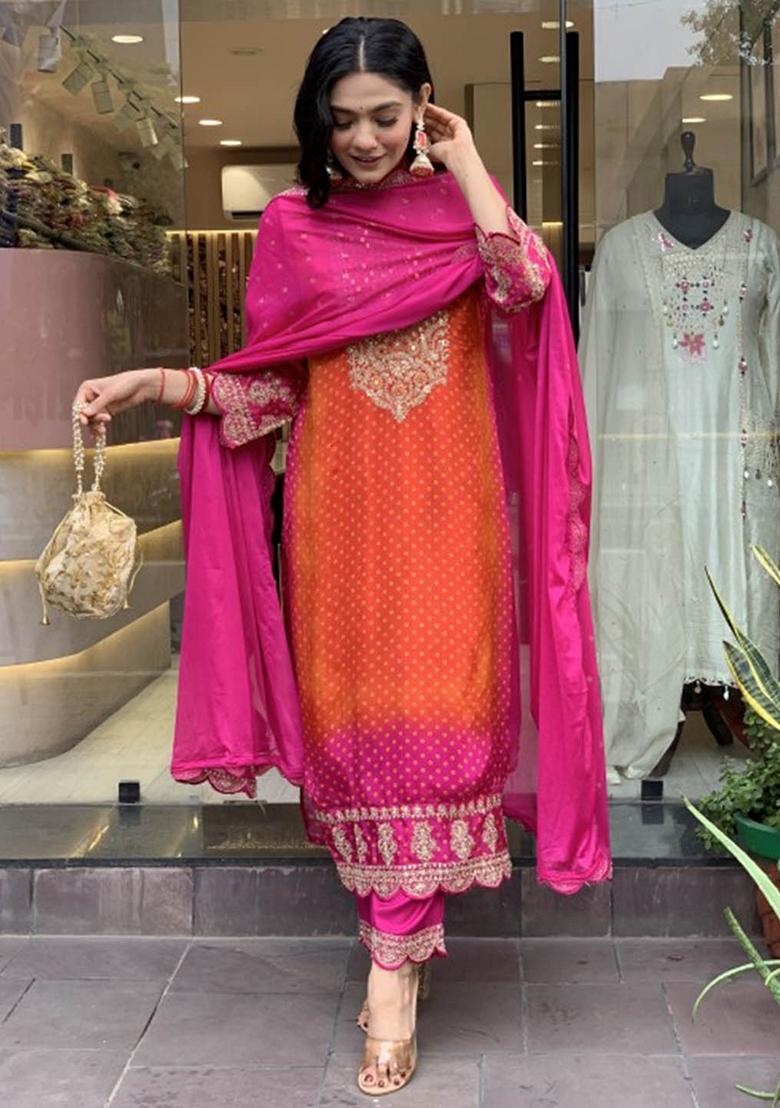 Orange Thread Embroidered Kurta Set