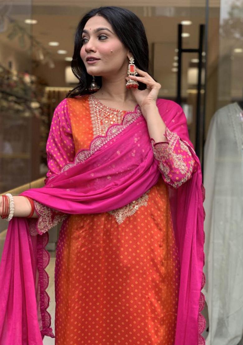 Orange Thread Embroidered Kurta Set
