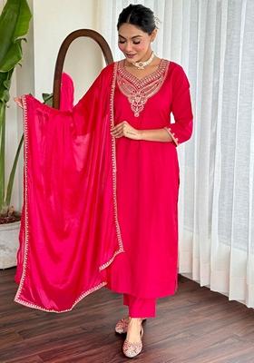 Rani Pink Thread Embroidered Viscose Kurta Set
