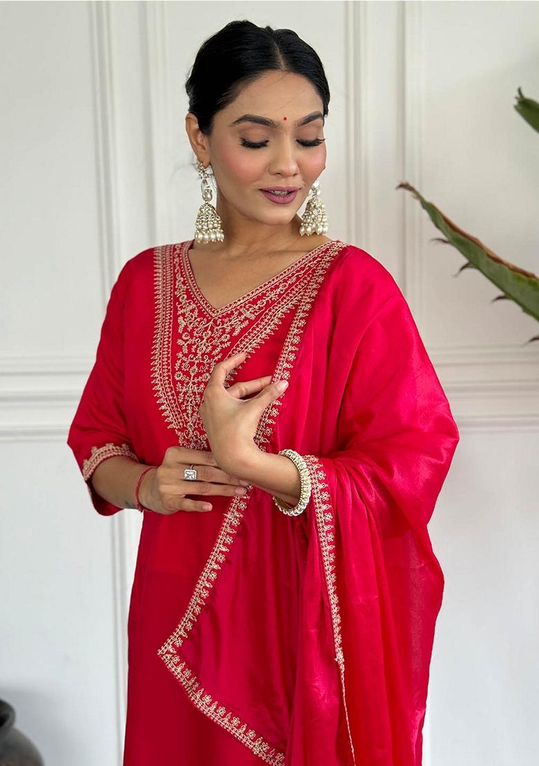 Rani Pink Thread Embroidered Viscose Kurta Set