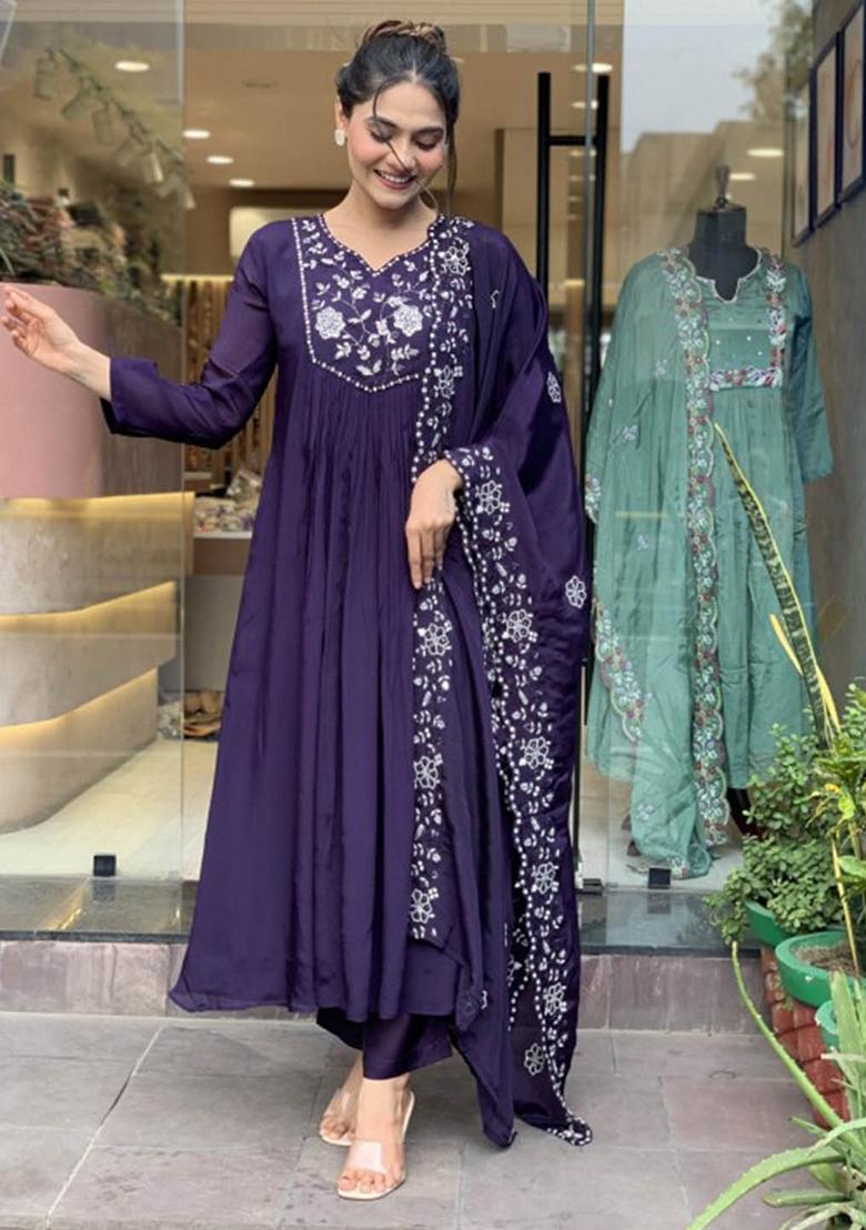 Purple Thread Embroidered Kurta Set