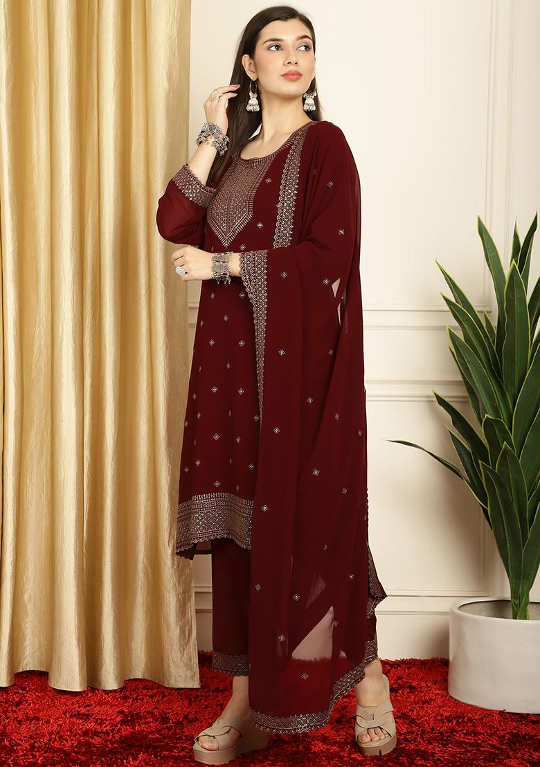 Maroon Sequin Resham Embroidered Georgette Kurta Set