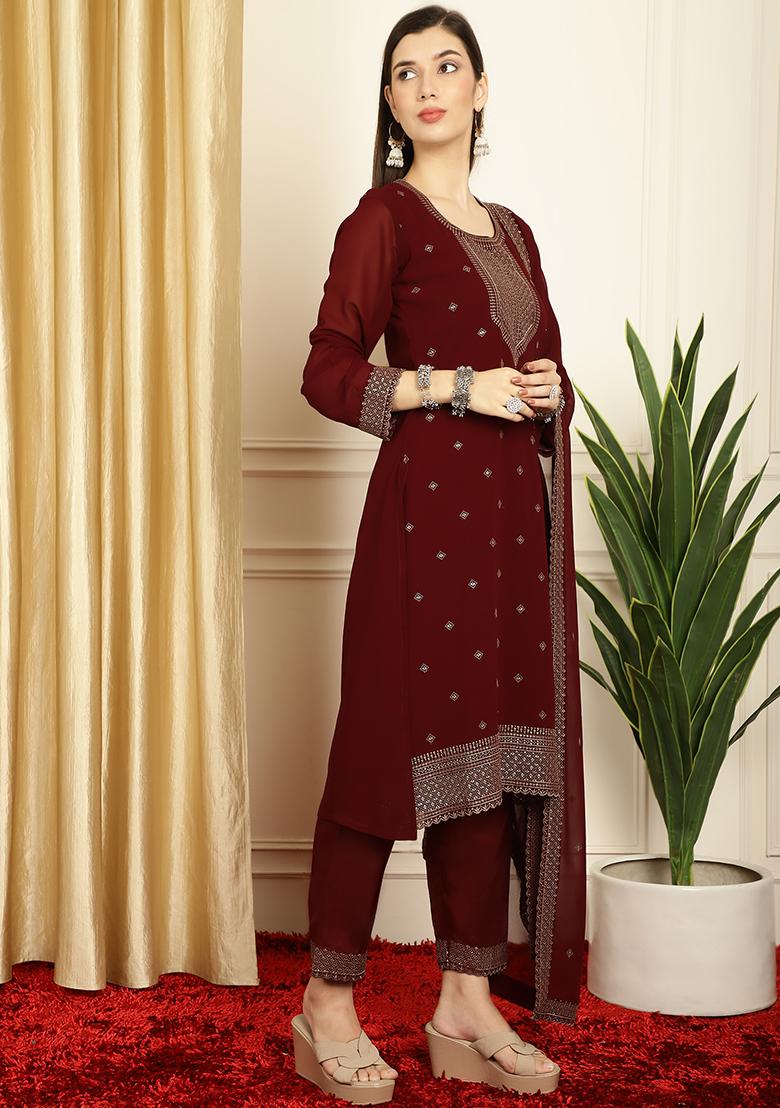 Maroon Sequin Resham Embroidered Georgette Kurta Set