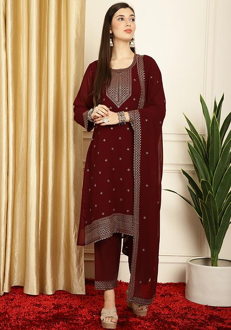 Maroon Sequin Resham Embroidered Georgette Kurta Set