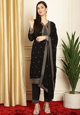 Black Sequin Resham Embroidered Georgette Kurta Set