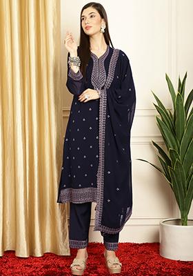 Navy Blue Sequin Resham Embroidered Georgette Kurta Set