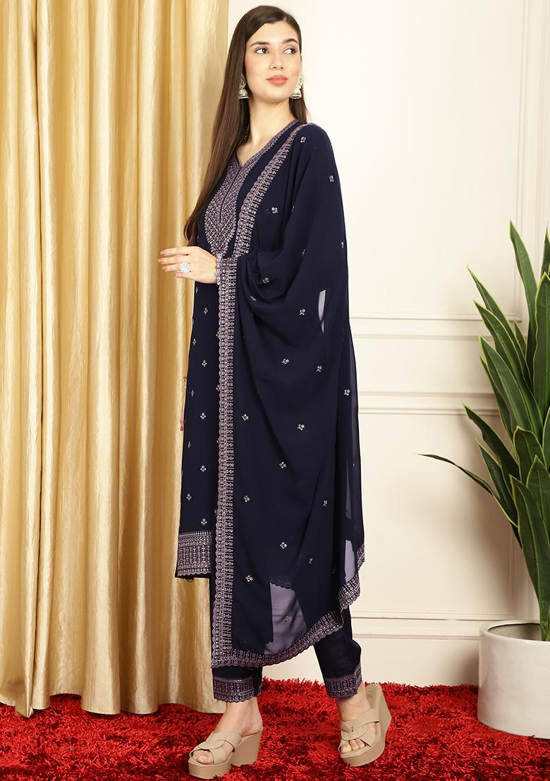 Navy Blue Sequin Resham Embroidered Georgette Kurta Set